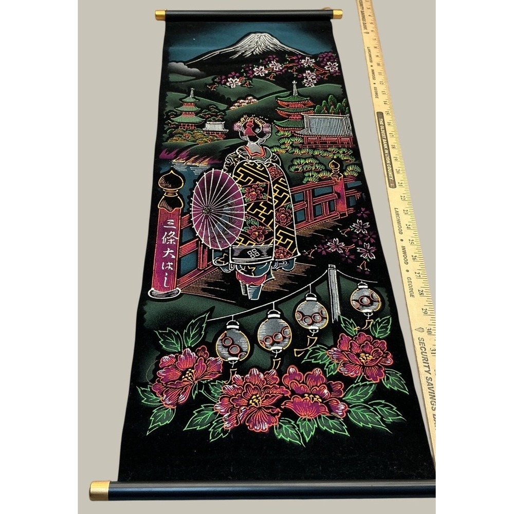Vintage Japanese Wall Scroll Geisha Mount Fuji Velvet Flocked Art Made in Japan